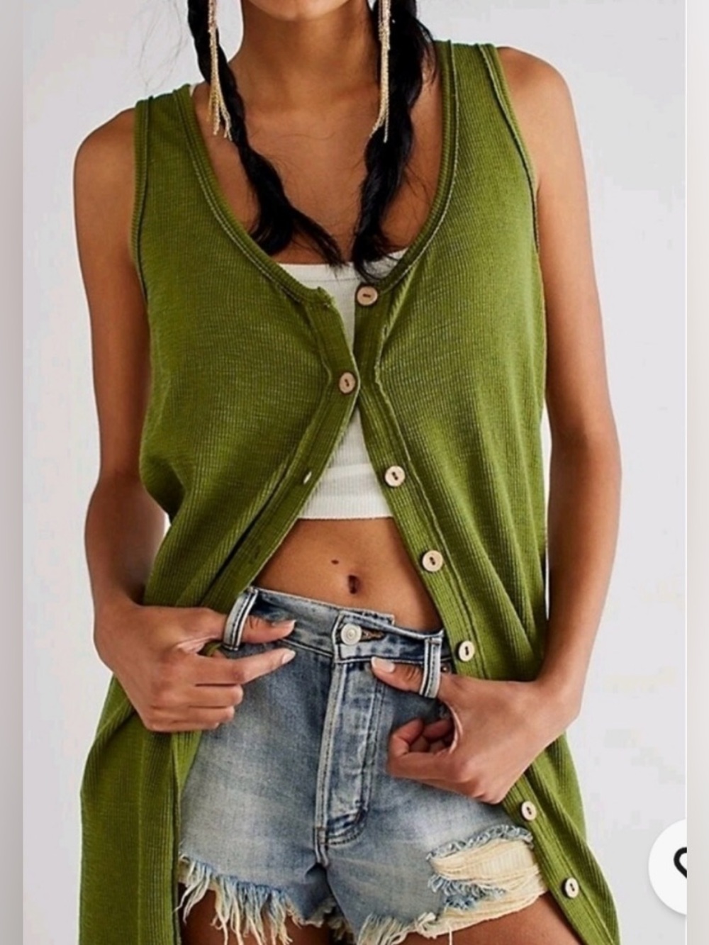 Free People Gia Long Midi Vest Sleeveless Button Front Green M  NWT